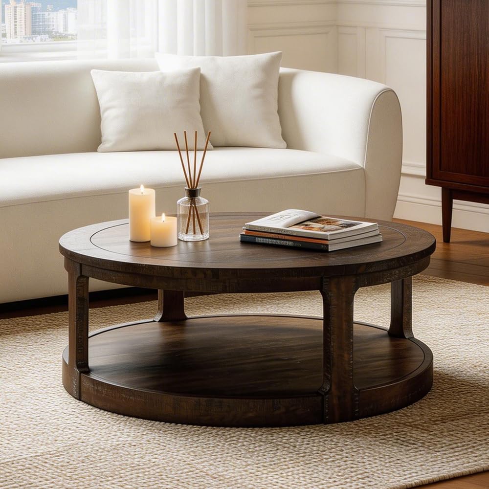 40" Round 2 Tier Solid Wood Coffee Table with Wheels O6172