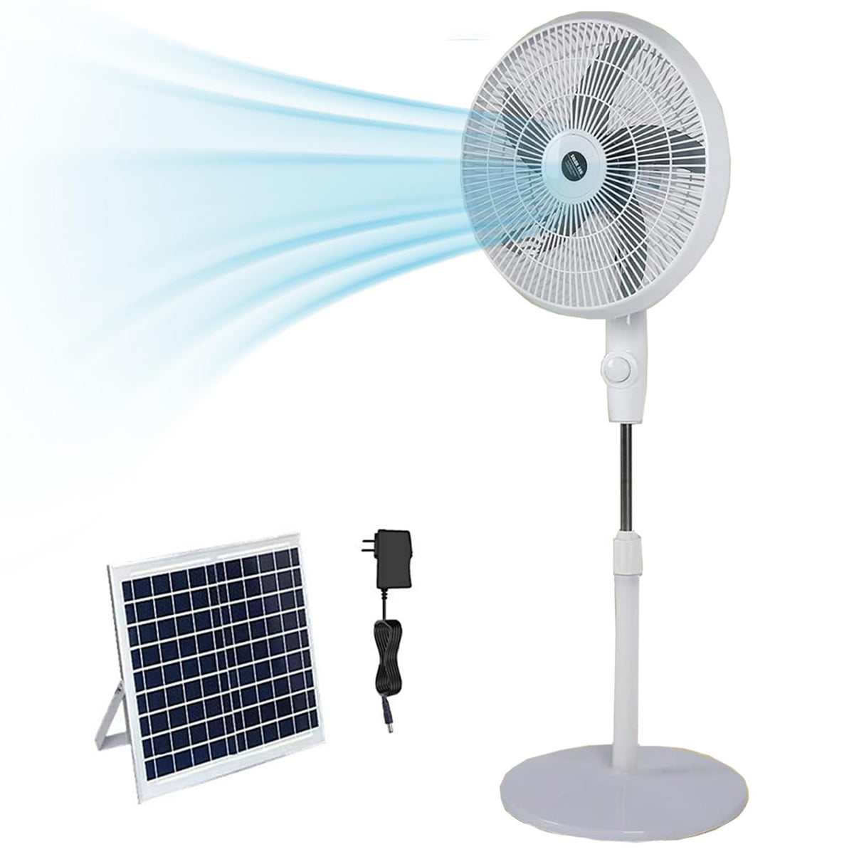 16" Oscillating Solar Floor Fan, Height Adjustable, 10000mah Battery, 3 Speeds, White O230