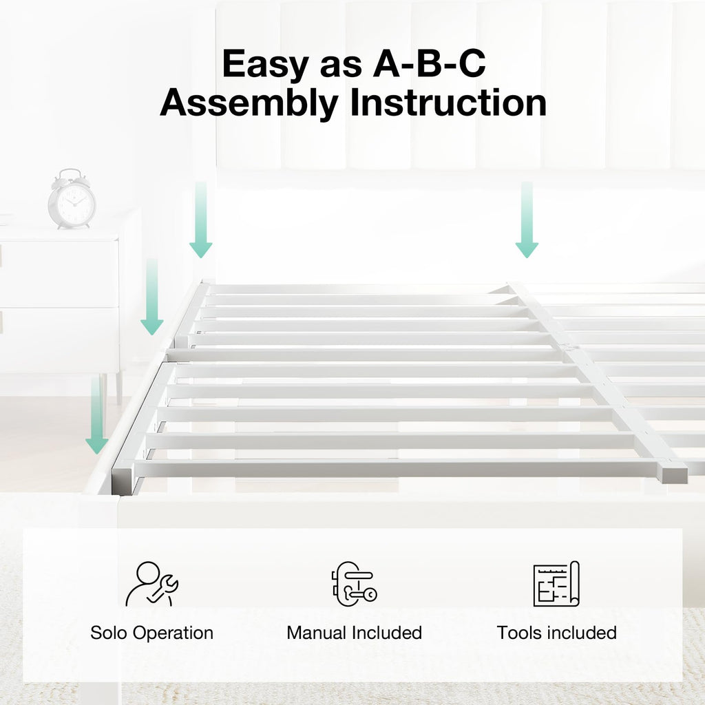 Full Size Metal Platform Bed Frame with Velvet White Headboard C116