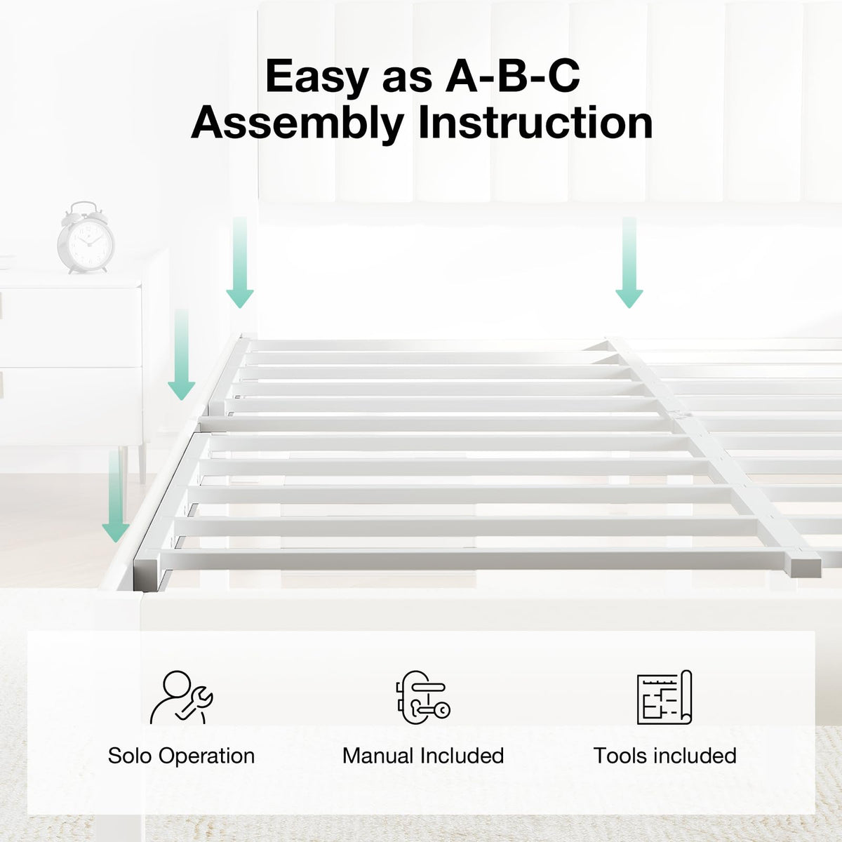 Full Size Metal Platform Bed Frame with Velvet White Headboard C116