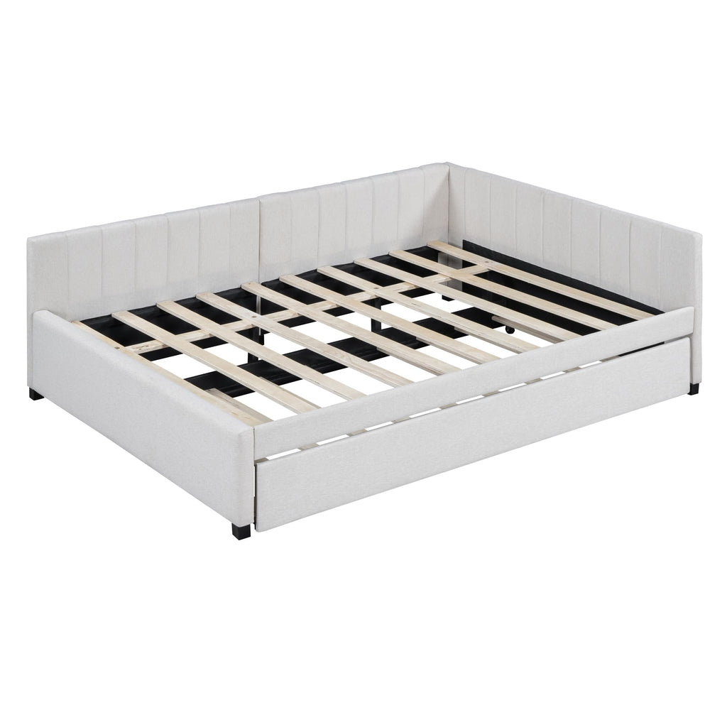 Beige Linen Upholstered Full Daybed with Twin Trundle N931668