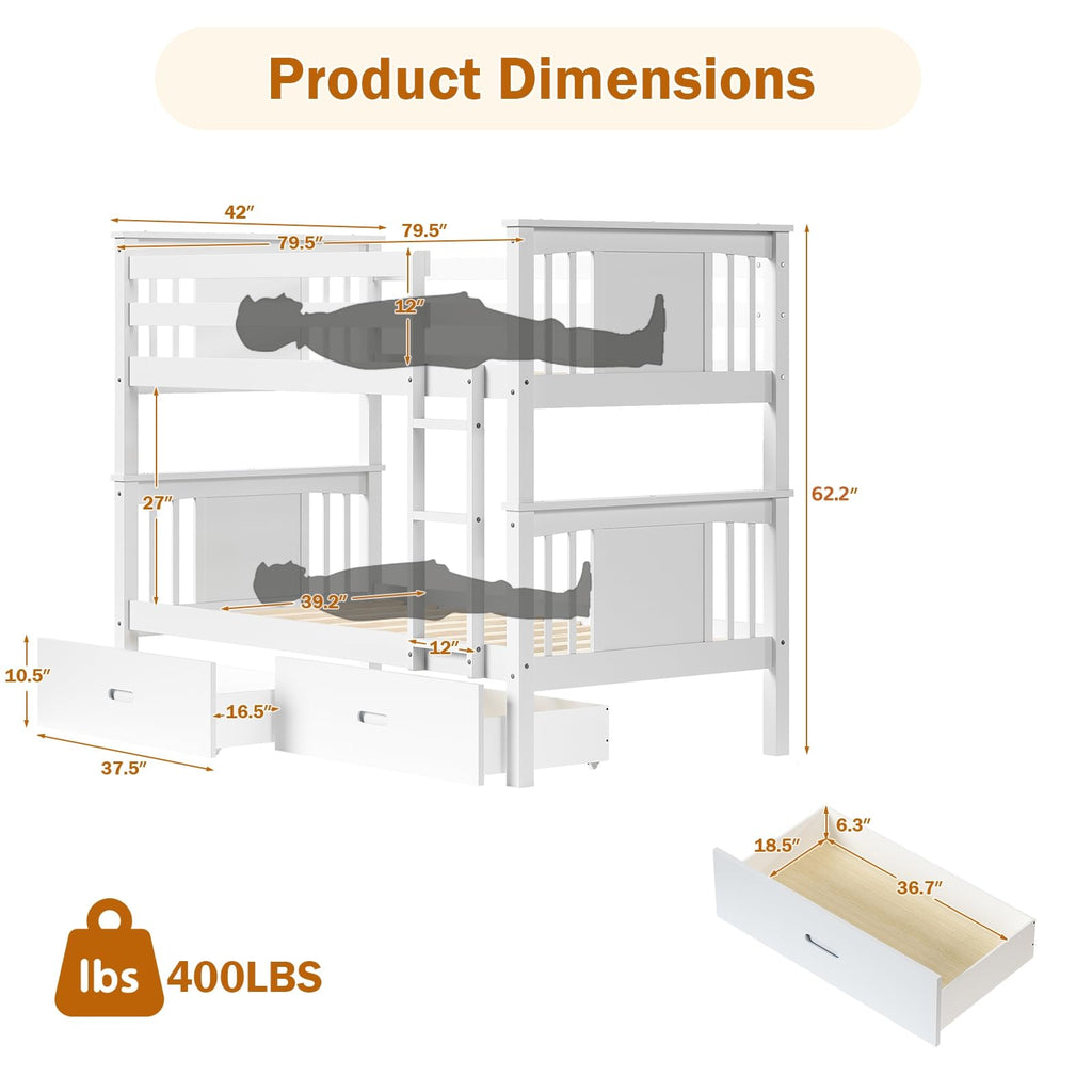 Solid Wood Twin-Over-Twin Bunk Bed with 2 Storage Drawers U13472