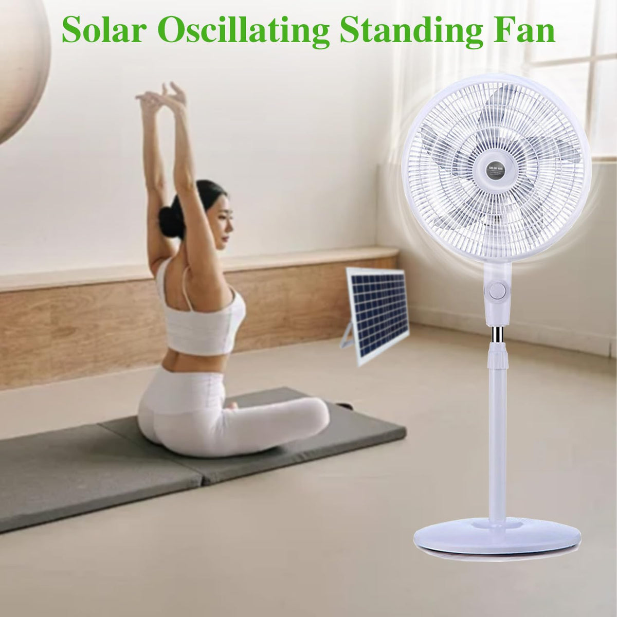 16" Oscillating Solar Floor Fan, Height Adjustable, 10000mah Battery, 3 Speeds, White O230