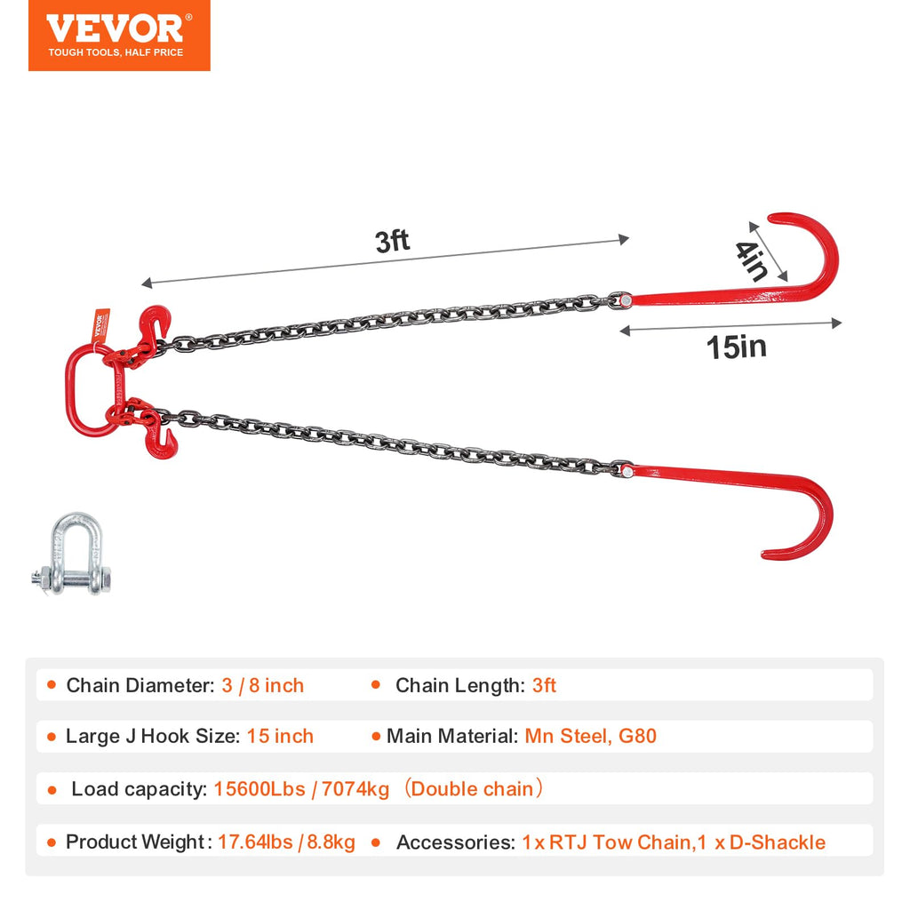 3/8" x 3' G80 V Bridle Towing Chain with J Hooks and Grab Hooks Q9115