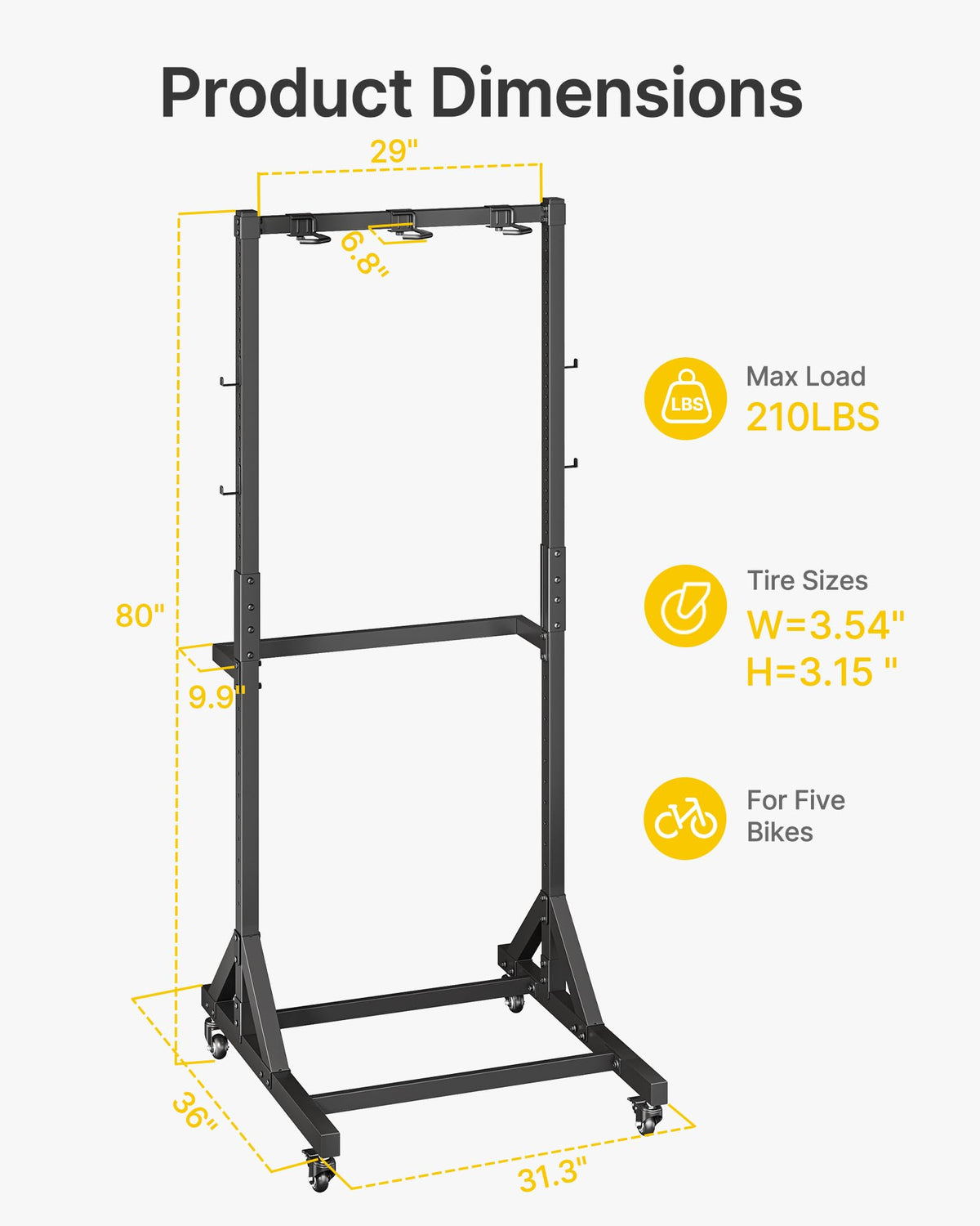Freestanding Bike Storage Rack with Wheels for 3 Bikes J621567
