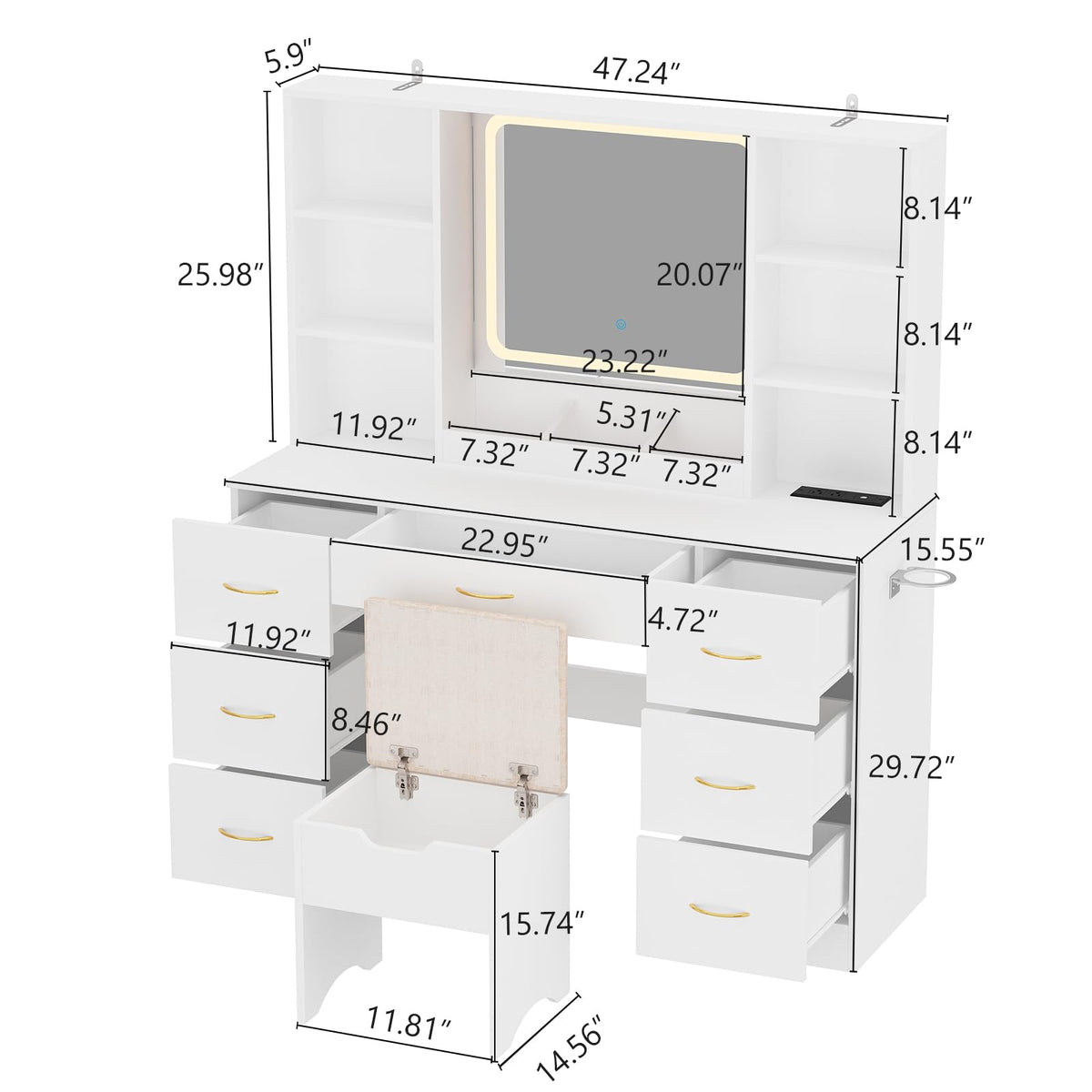 47" White Vanity Desk with Mirror and Lights I727