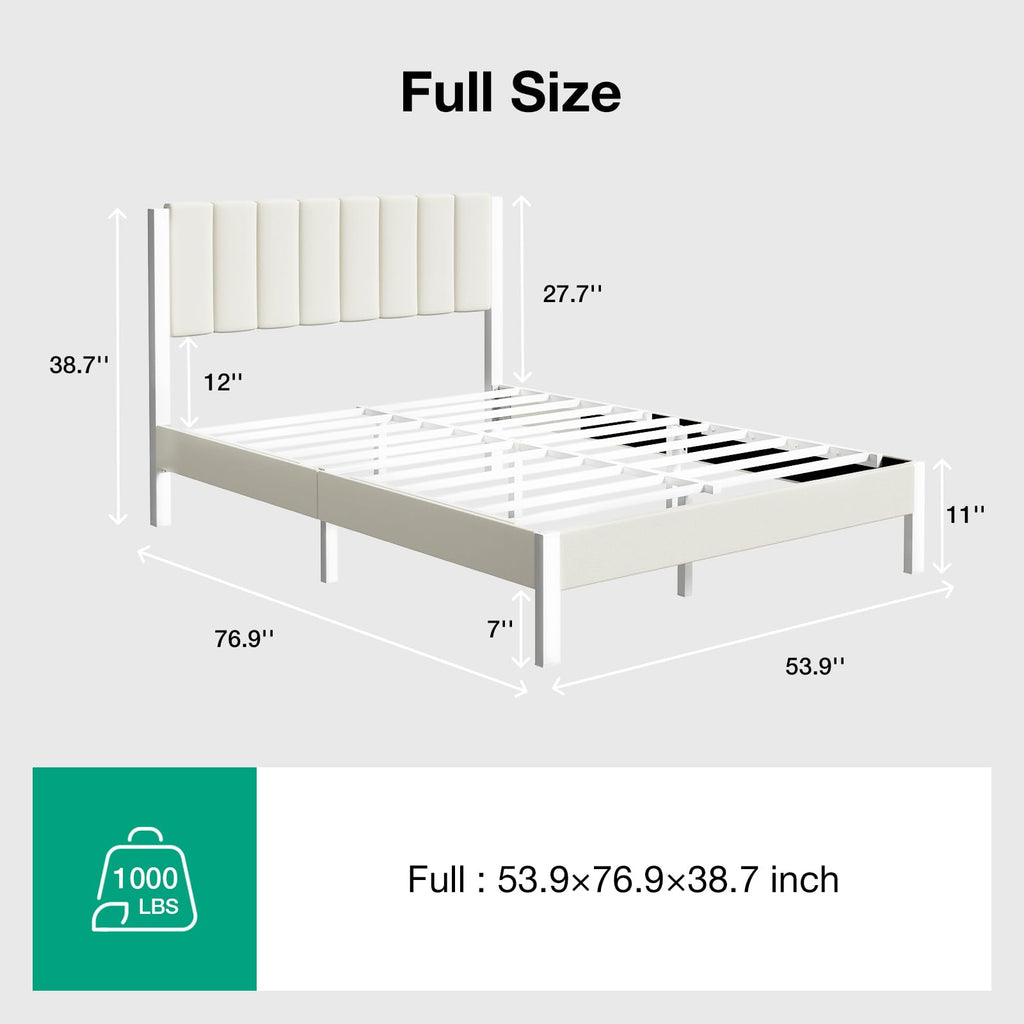Full Size Metal Platform Bed Frame with Velvet White Headboard C116
