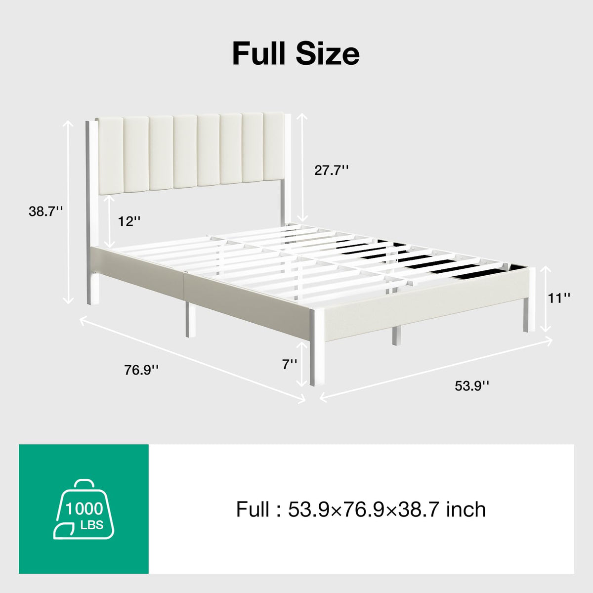 Full Size Metal Platform Bed Frame with Velvet White Headboard C116