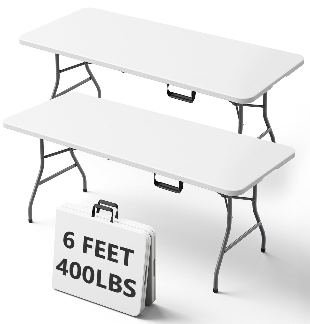 6FT Folding Table, Heavy Duty Plastic Utility Table with Handle, White, 2 Pack H78448