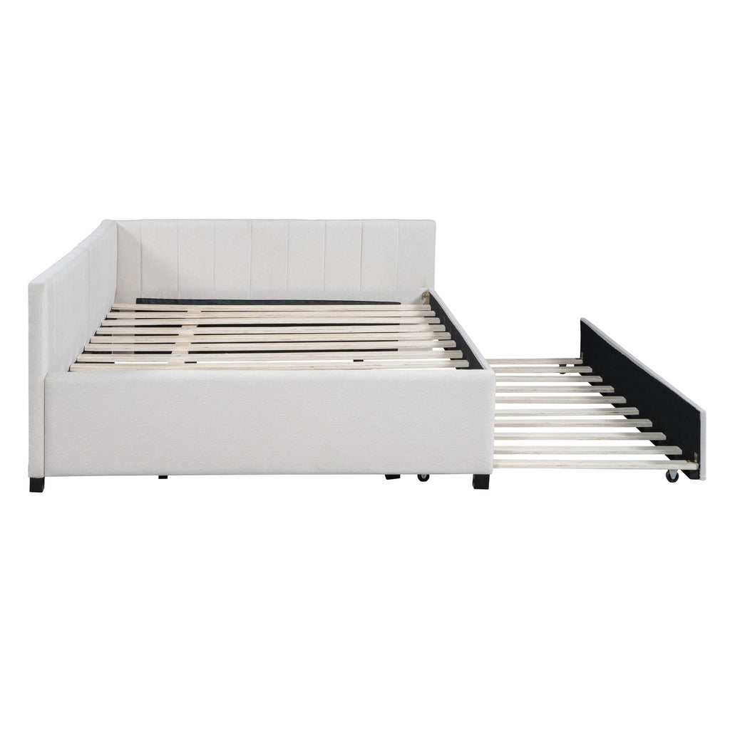 Beige Linen Upholstered Full Daybed with Twin Trundle N931668