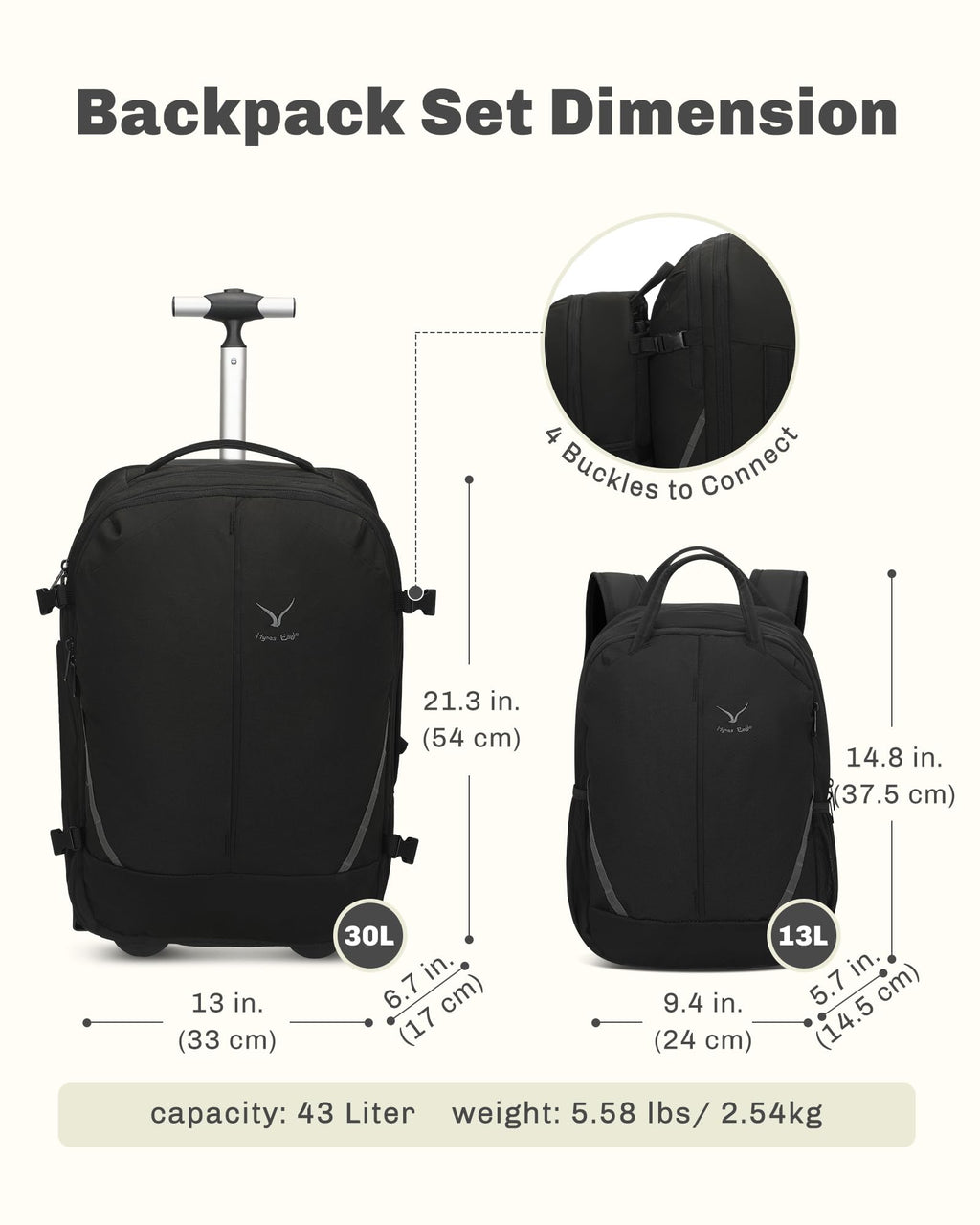Rolling Backpack with Wheels 43L Jet Black V952383