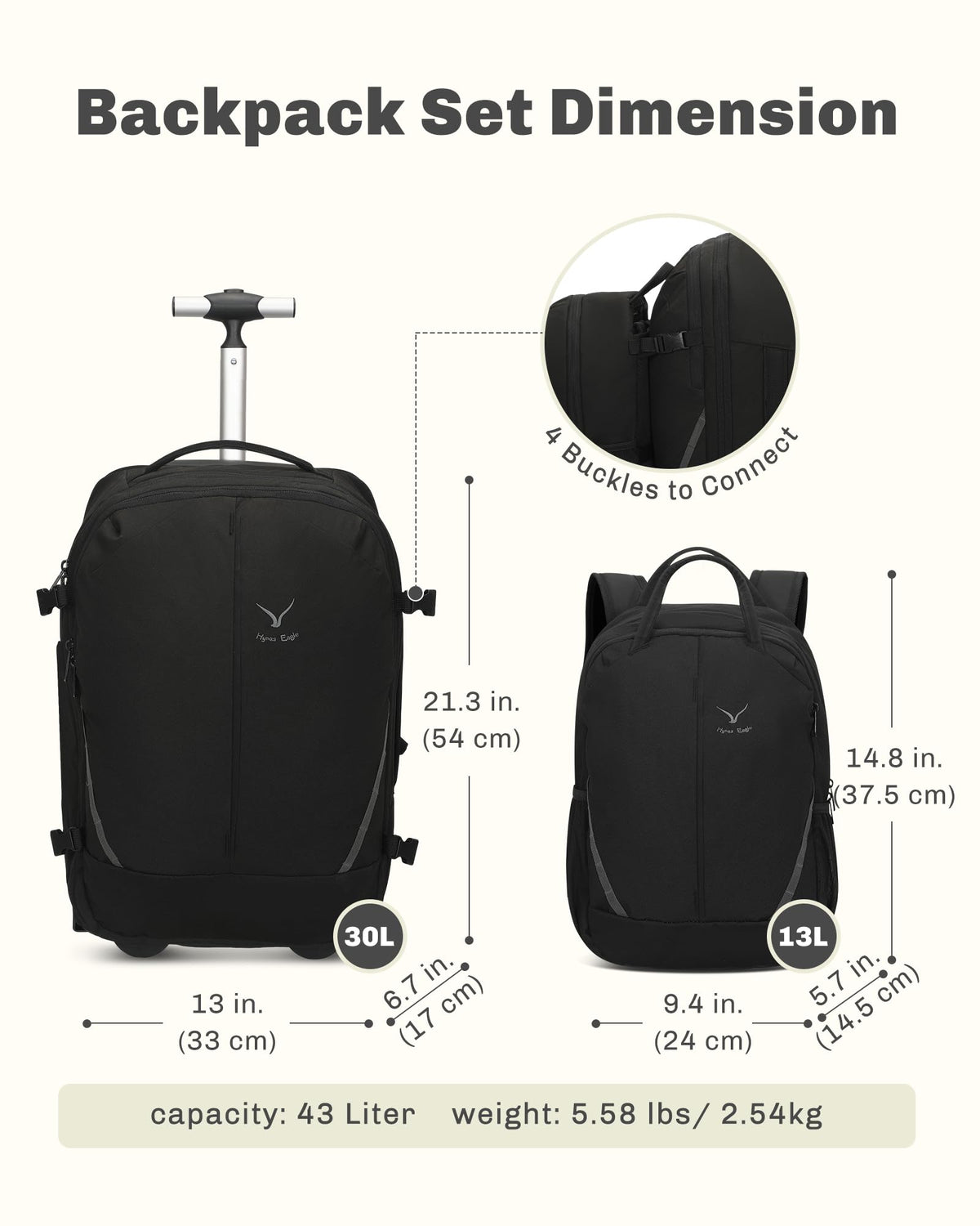 Rolling Backpack with Wheels 43L Jet Black V952383