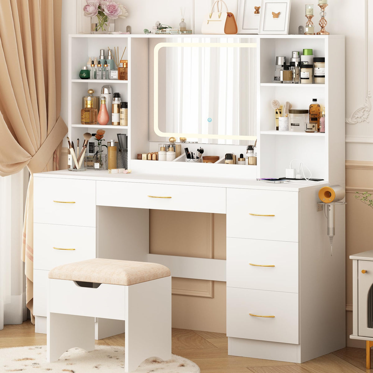 47" White Vanity Desk with Mirror and Lights I727
