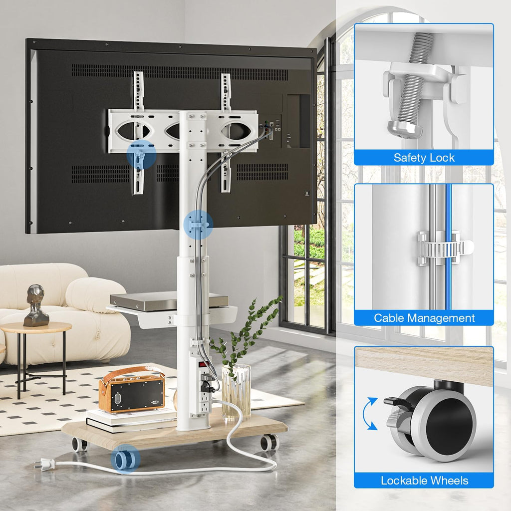 White Height Adjustable Rolling TV Stand for 32-75 Inch TVs P107728