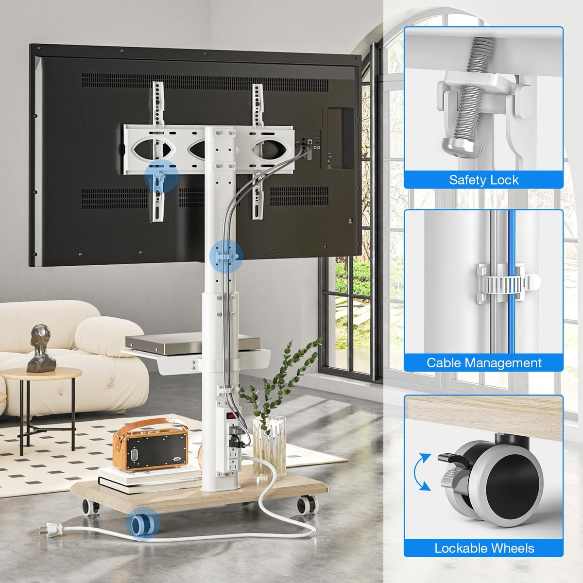 White Height Adjustable Rolling TV Stand for 32-75 Inch TVs P107728