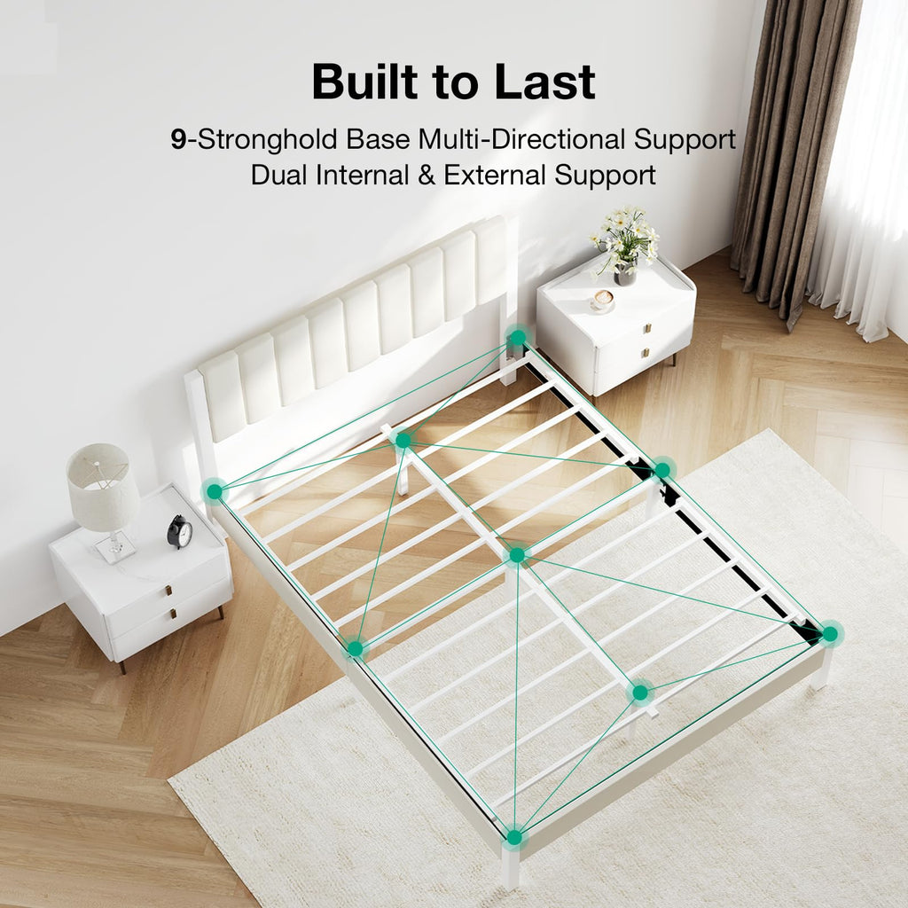 Full Size Metal Platform Bed Frame with Velvet White Headboard C116