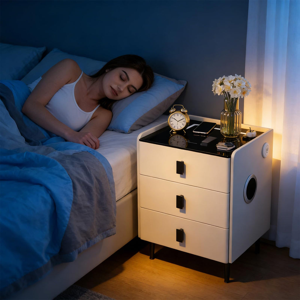 Smart Nightstand with Bluetooth Speaker, 3 Drawer LED Nightstand with USB Port V20267