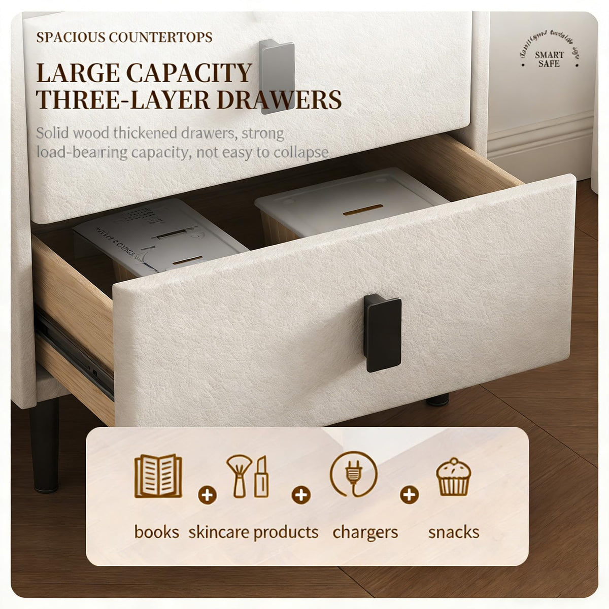 Smart Nightstand with Bluetooth Speaker, 3 Drawer LED Nightstand with USB Port V20267