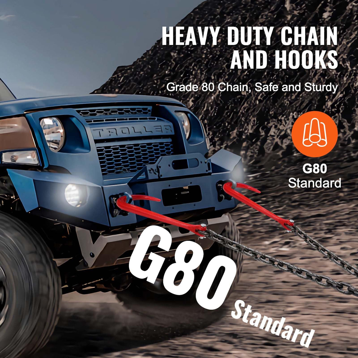 3/8" x 3' G80 V Bridle Towing Chain with J Hooks and Grab Hooks Q9115