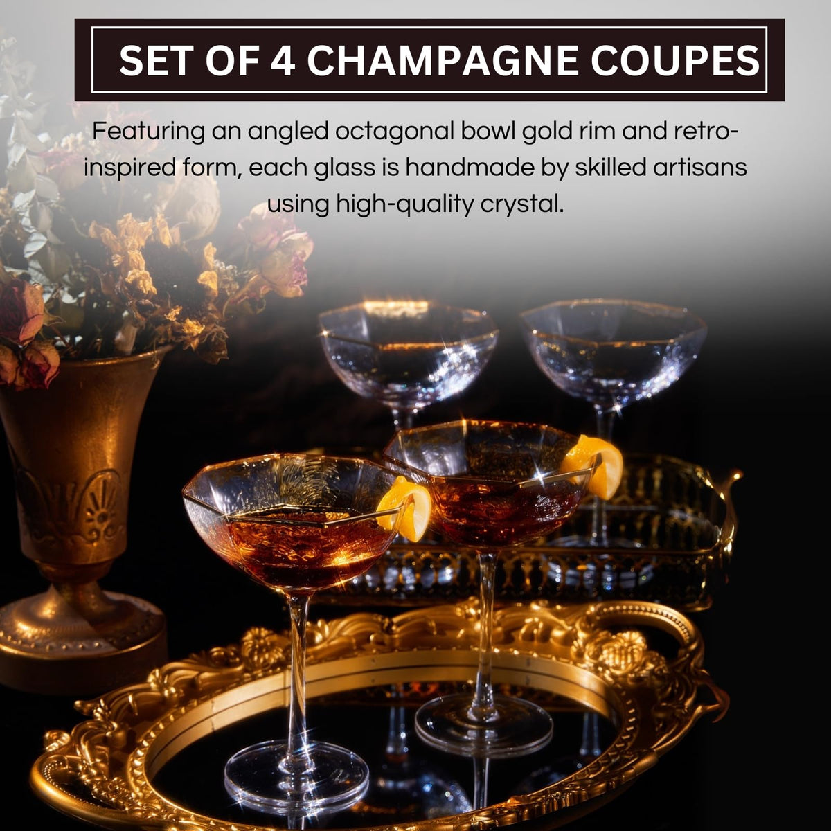 Champagne Coupe Glasses Set of 4 Gold Rim T186130