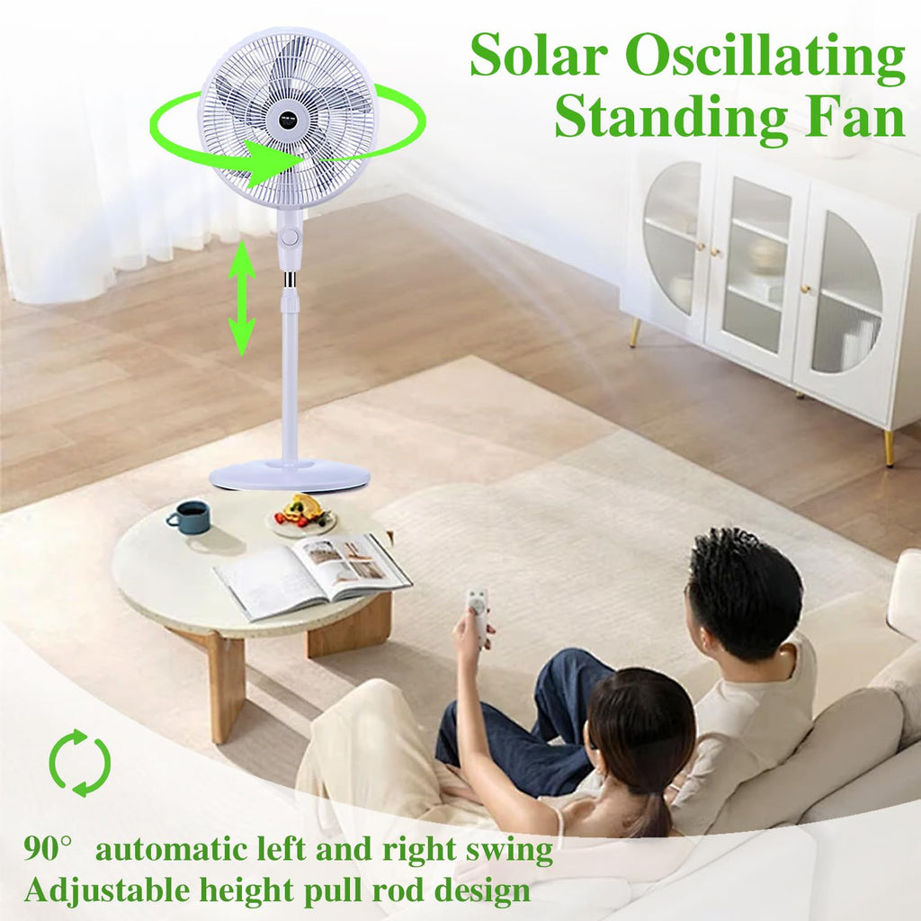 16" Oscillating Solar Floor Fan, Height Adjustable, 10000mah Battery, 3 Speeds, White O230