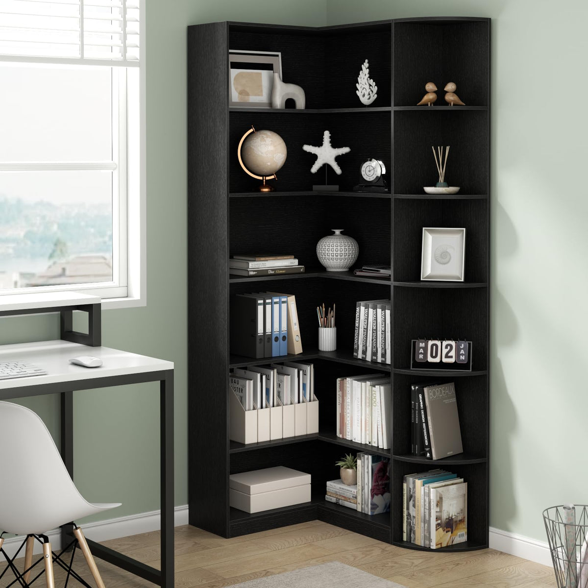 Black 6 Tiers L-Shaped Book Shelf O22601