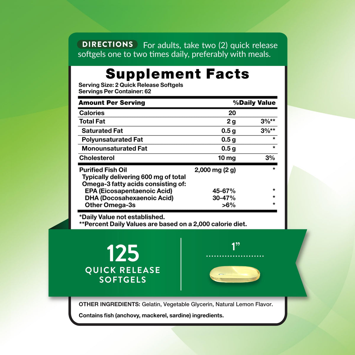Omega 3 Fish Oil 2000 mg 125 Softgels J43743