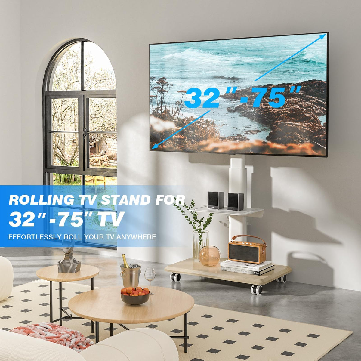 White Height Adjustable Rolling TV Stand for 32-75 Inch TVs P107728