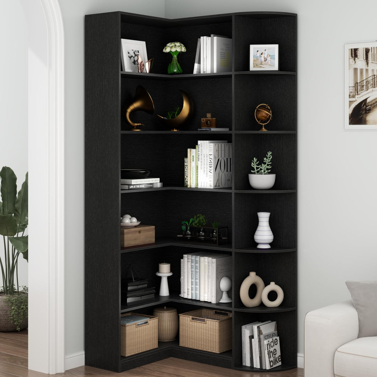 Black 6 Tiers L-Shaped Book Shelf O22601