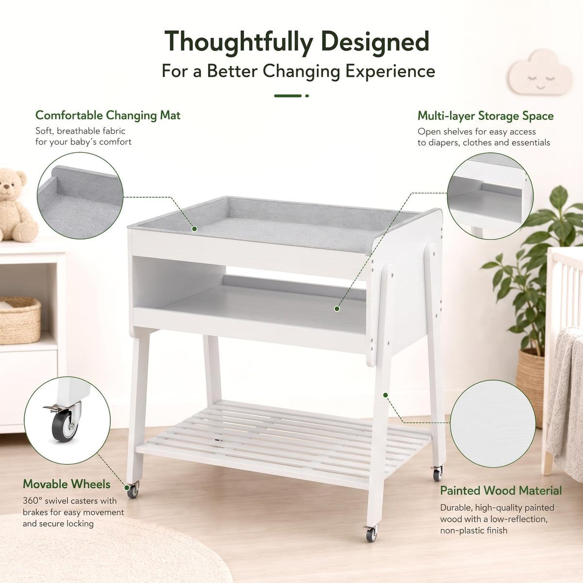 White Baby Changing Table with Wheels and Changing Pad A15148