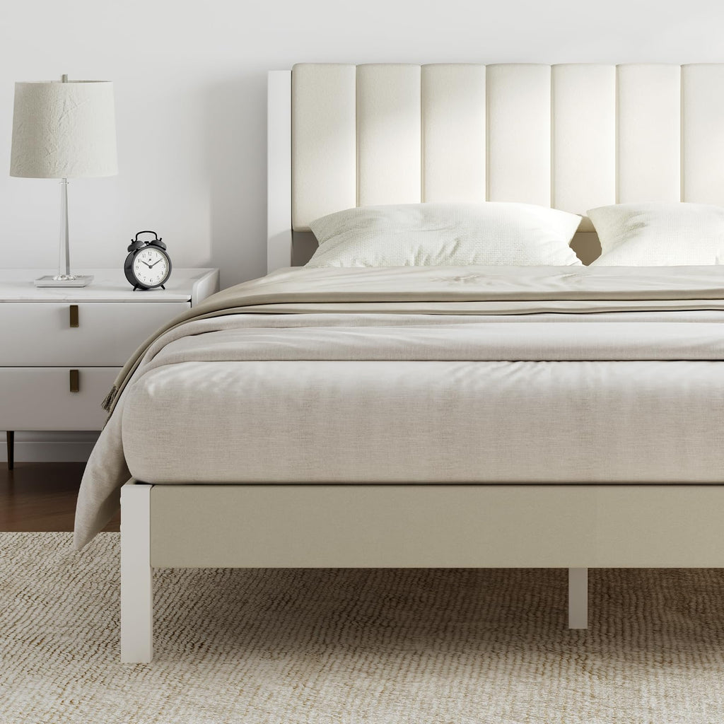 Full Size Metal Platform Bed Frame with Velvet White Headboard C116