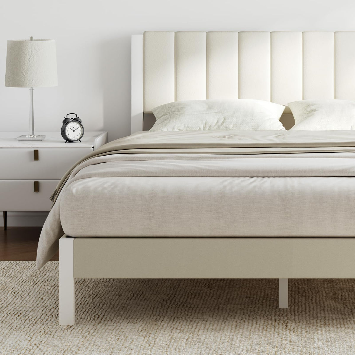 Full Size Metal Platform Bed Frame with Velvet White Headboard C116
