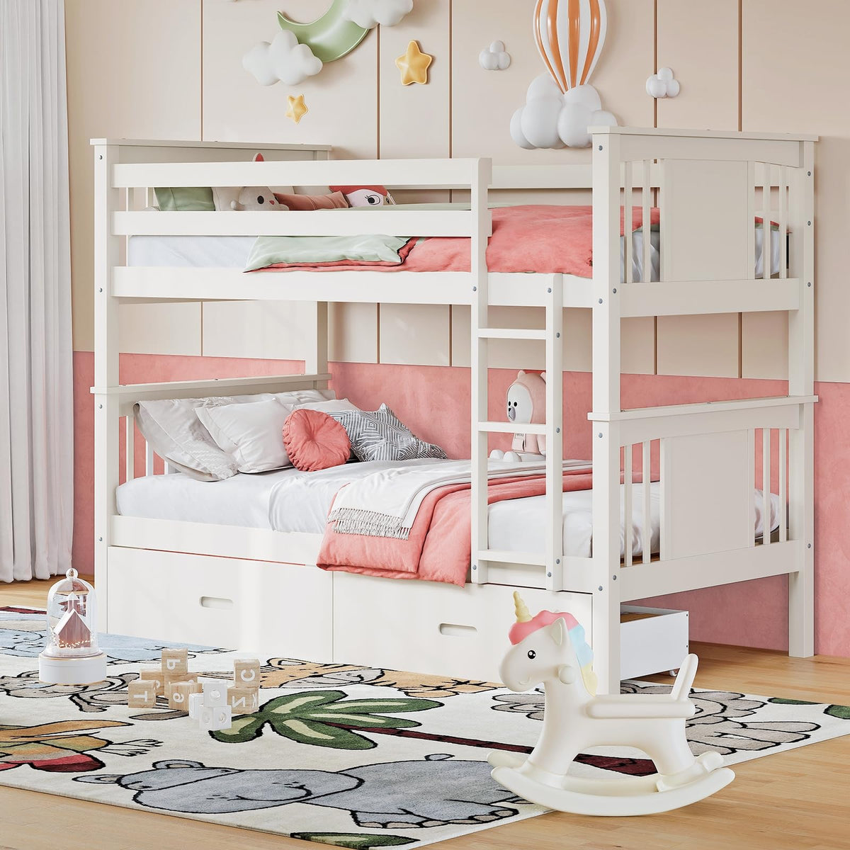 Solid Wood Twin-Over-Twin Bunk Bed with 2 Storage Drawers U13472