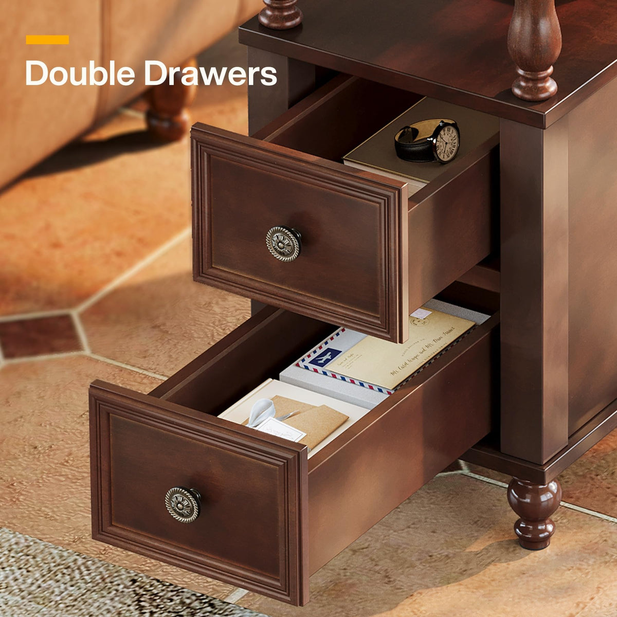 Cherry Finish Wood End Table with 2 Drawers E1144