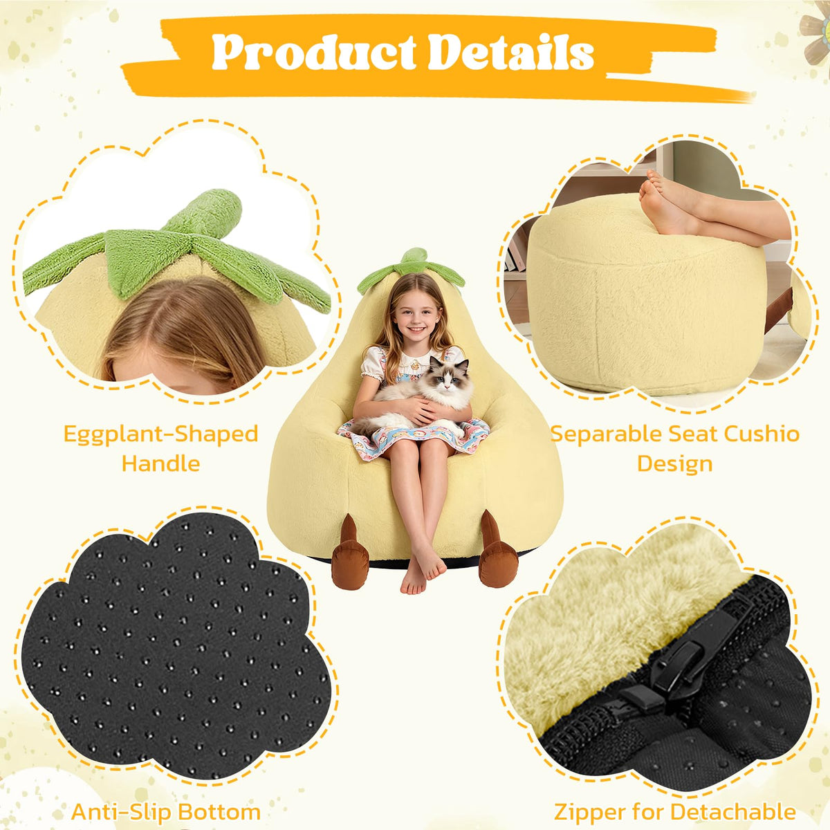 Yellow Faux Rabbit Fur Memory Foam Bean Bag Chair V1755