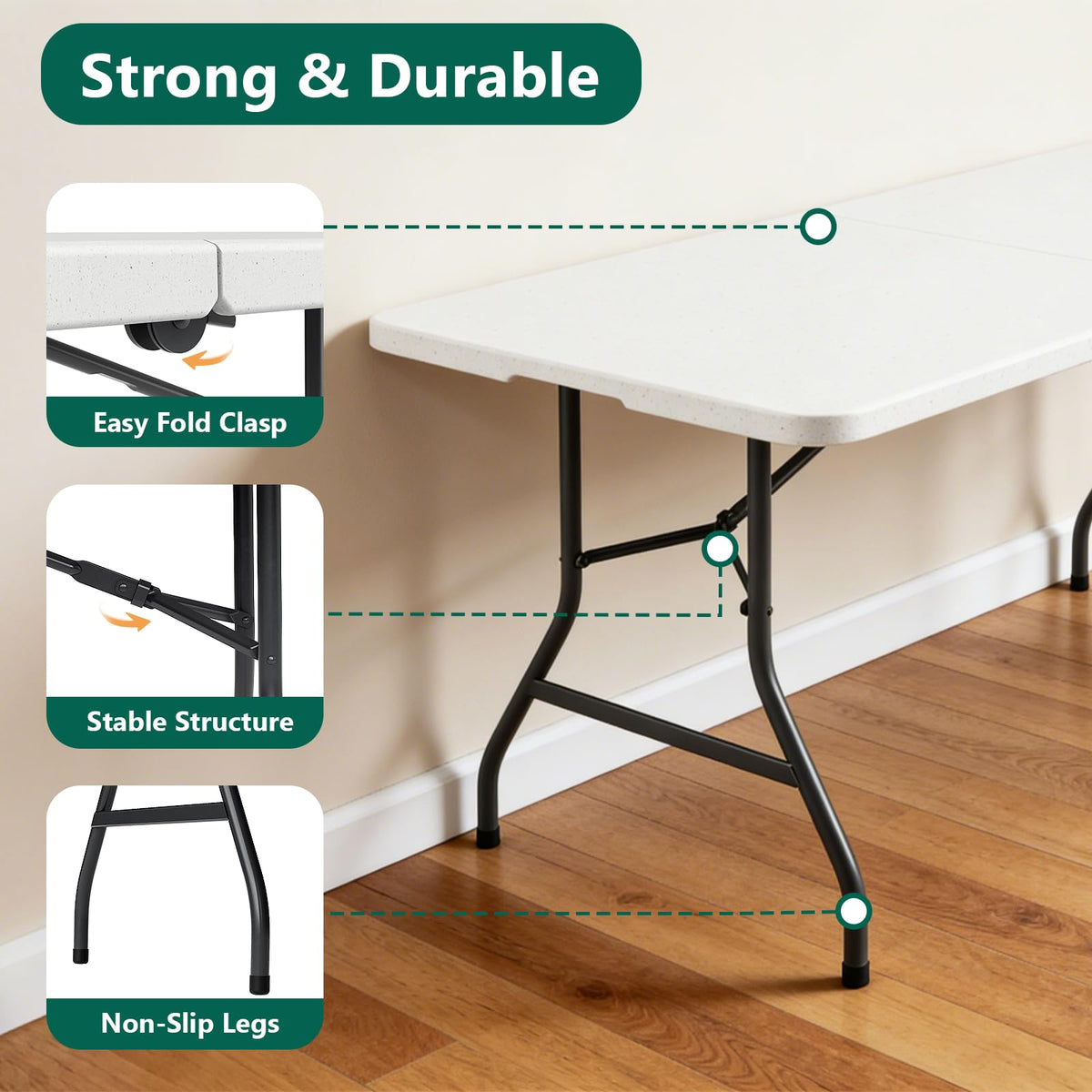 6FT Folding Table, Heavy Duty Plastic Utility Table with Handle, White, 2 Pack H78448