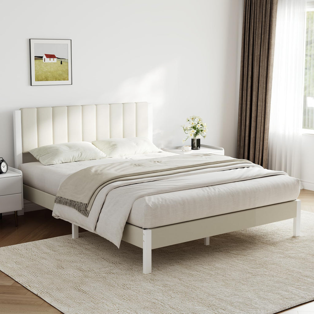 Full Size Metal Platform Bed Frame with Velvet White Headboard C116