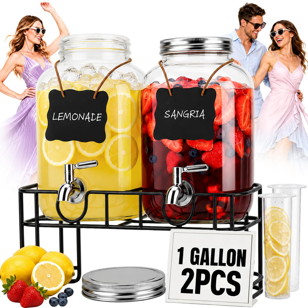 2 PCS 1 Gallon Glass Drink Dispensers with Stand & Fruit Infuser J153
