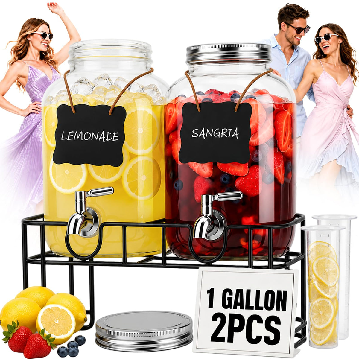 2 PCS 1 Gallon Glass Drink Dispensers with Stand & Fruit Infuser J153