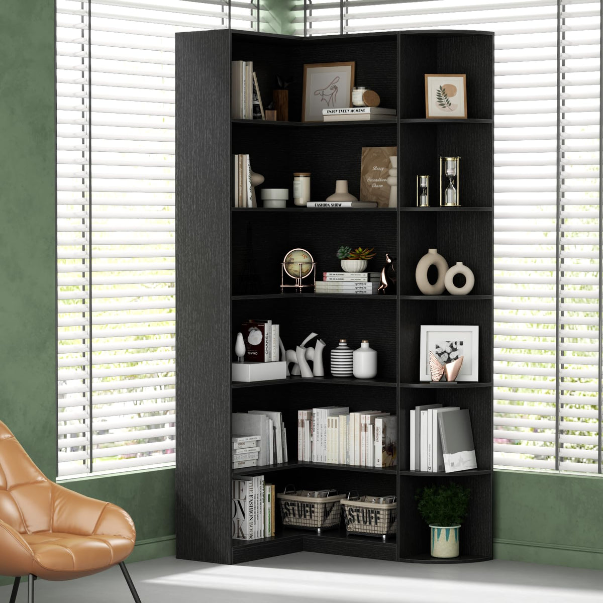 Black 6 Tiers L-Shaped Book Shelf O22601