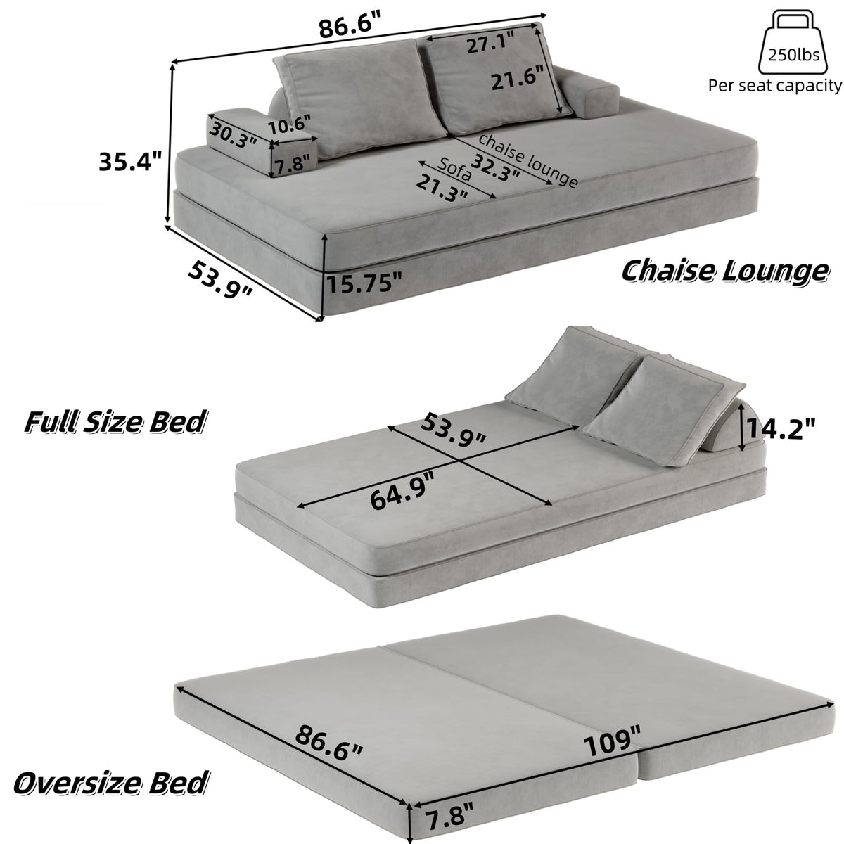 Light Gray Convertible Sofa Bed E7474