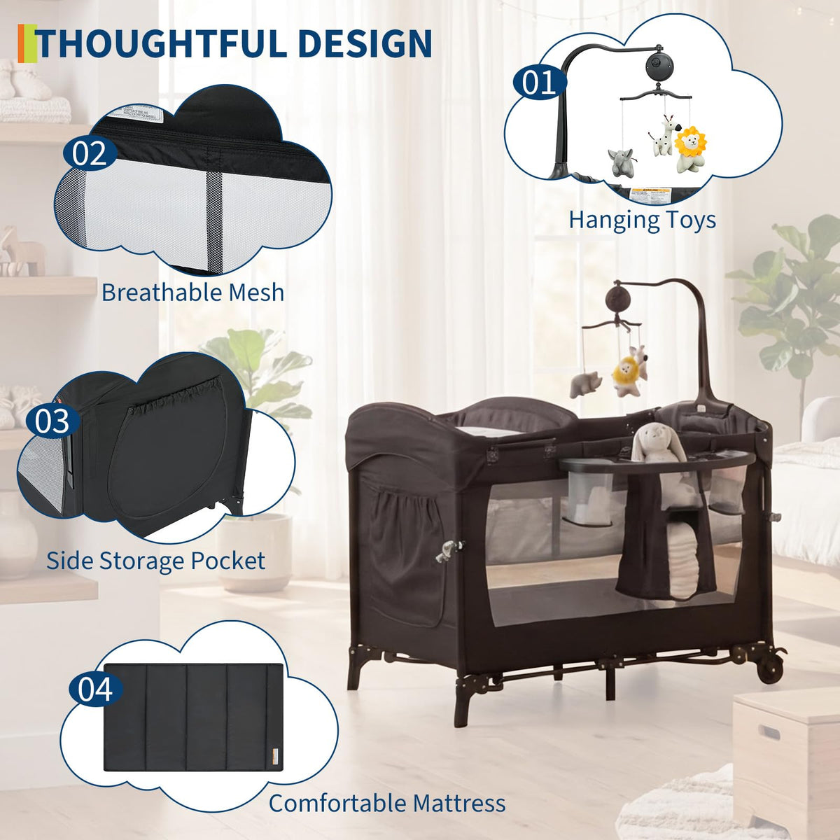 4 in 1 Pack and Play with Bassinet, Changing Table, Playpen and Carry Bag G3085