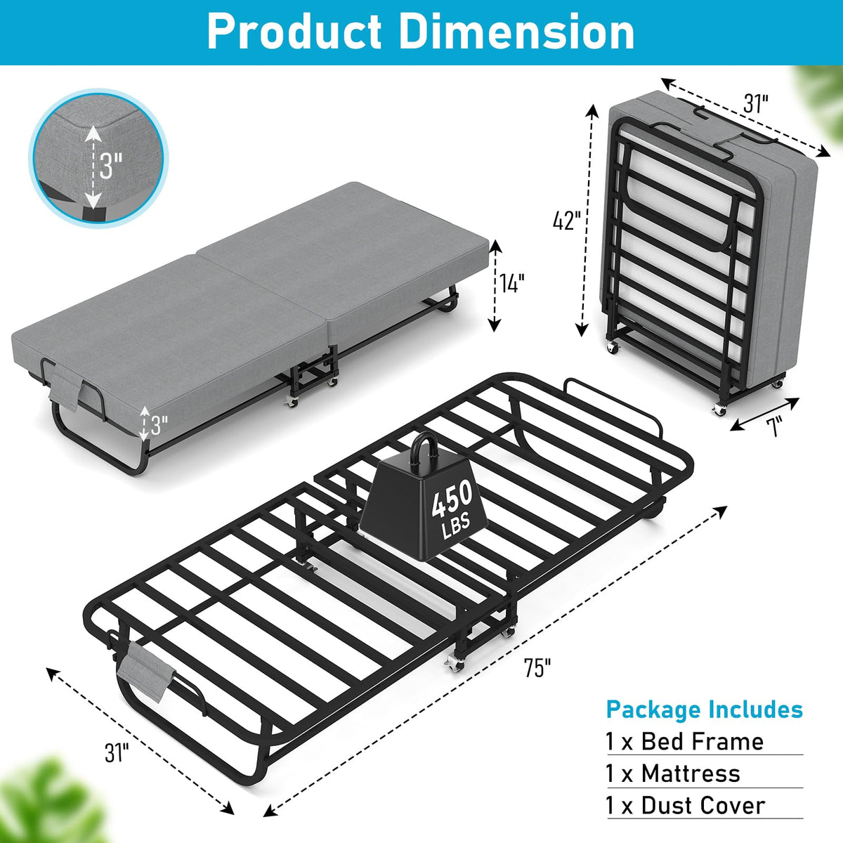 Folding Bed Portable Roll Away Bed 75" x 31" P376