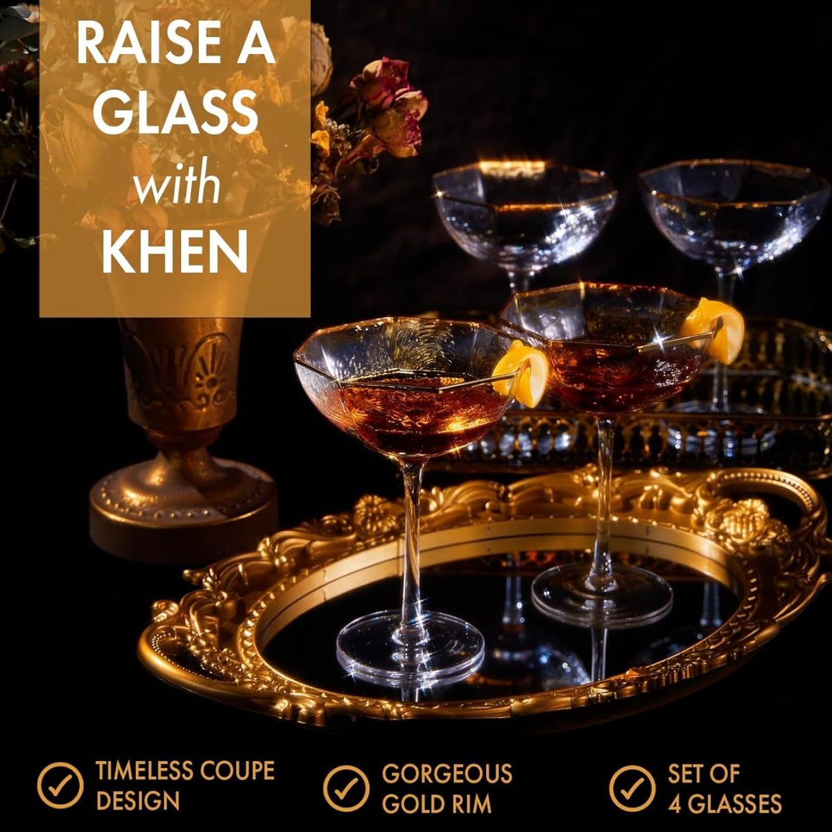 Champagne Coupe Glasses Set of 4 Gold Rim T186130