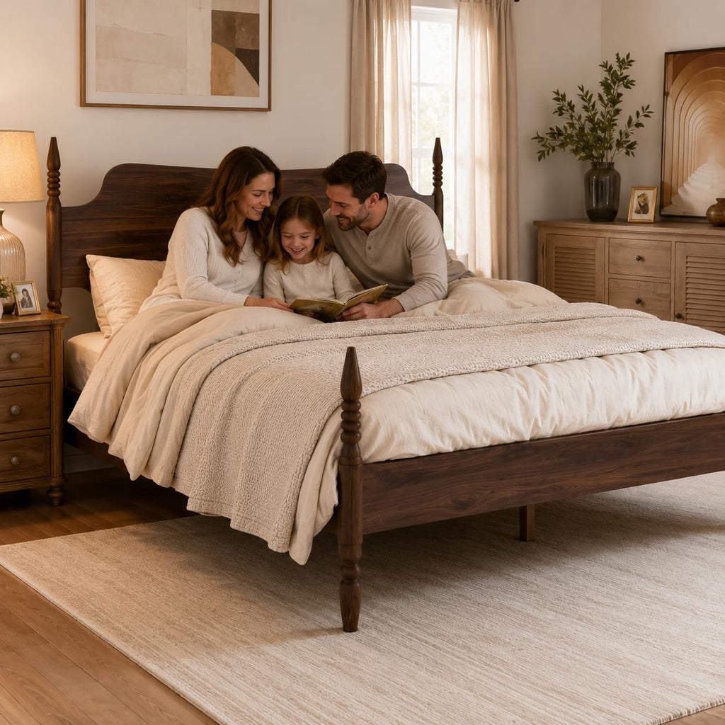 King Size Wood Platform Bed Frame with Curved Headboard T11836