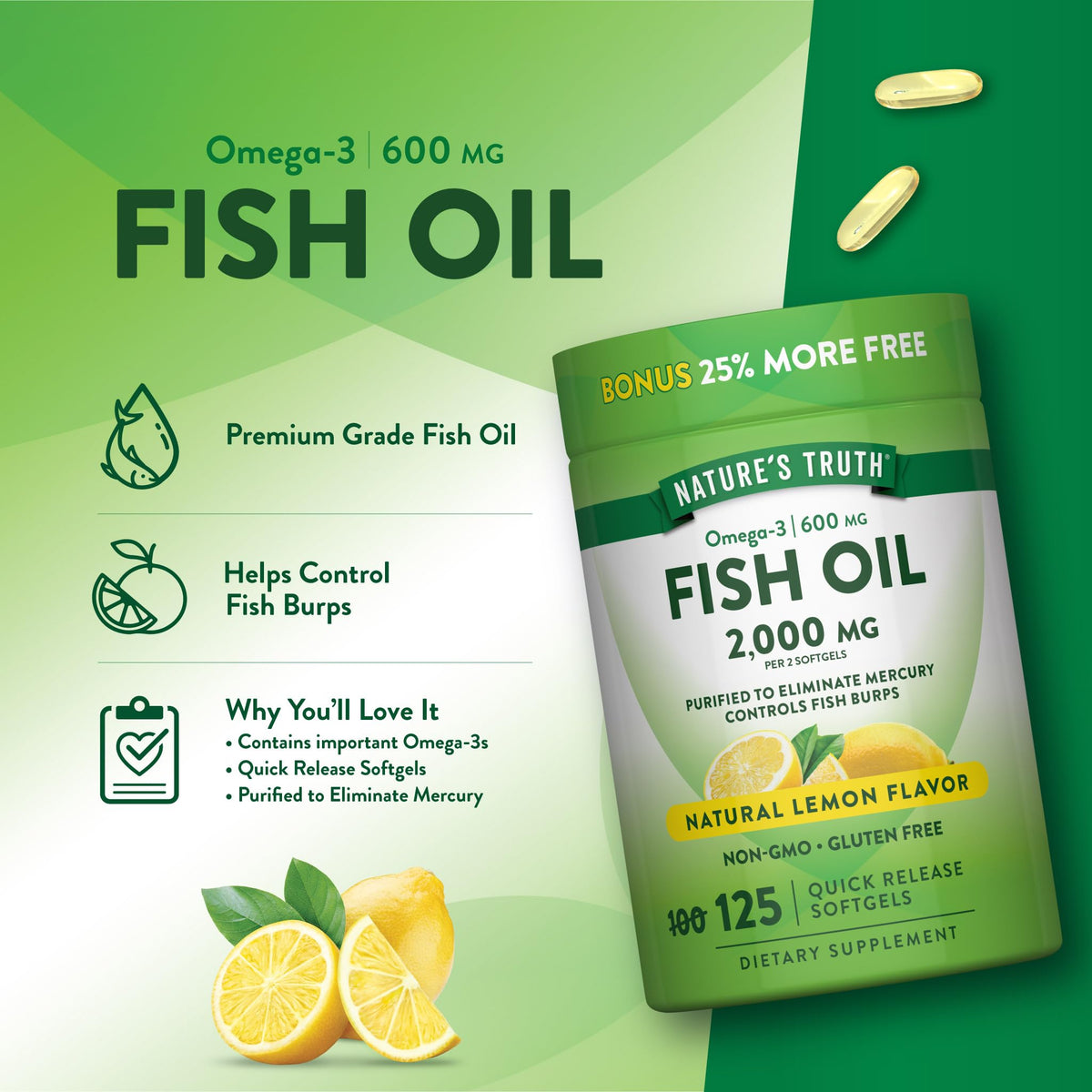 Omega 3 Fish Oil 2000 mg 125 Softgels J43743
