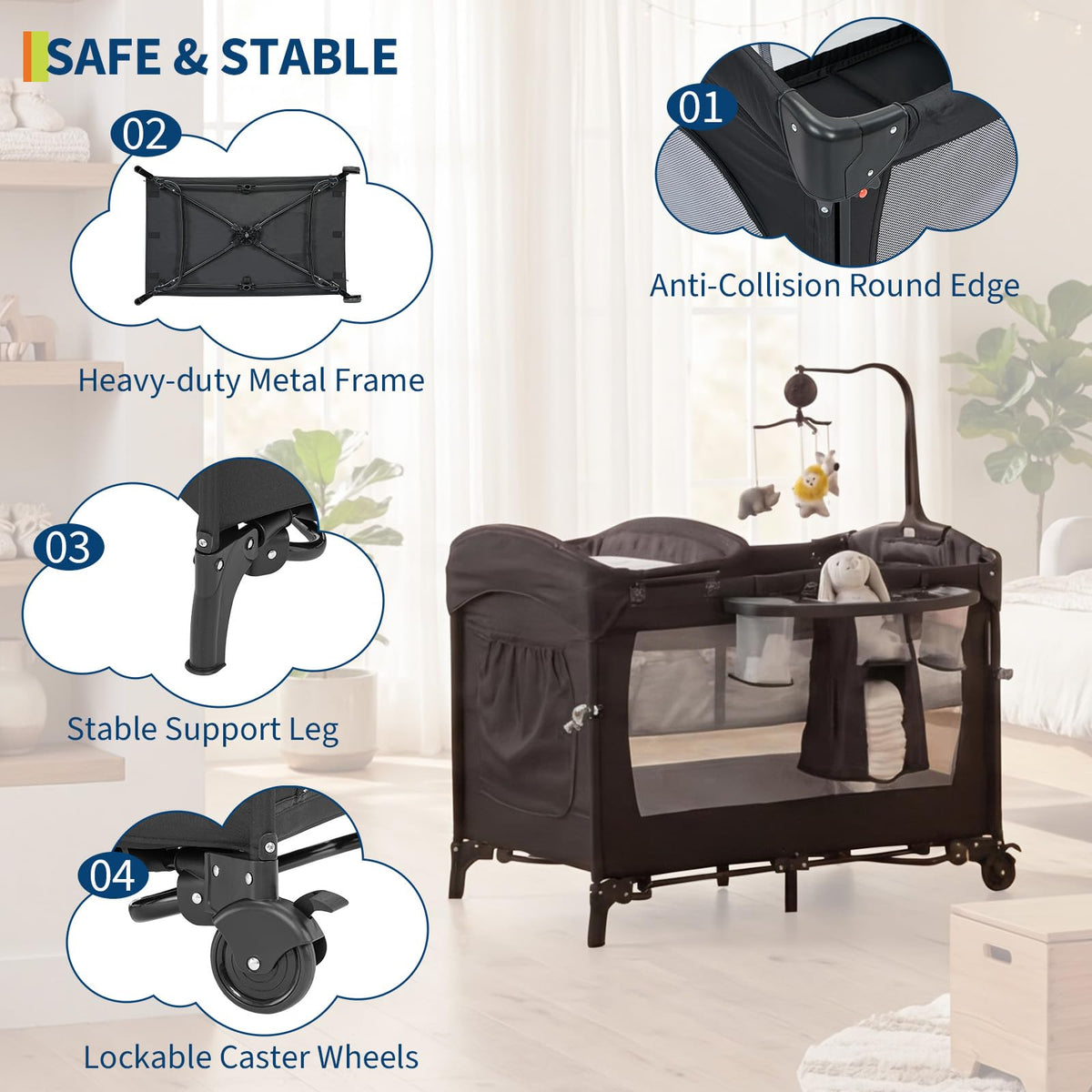 4 in 1 Pack and Play with Bassinet, Changing Table, Playpen and Carry Bag G3085
