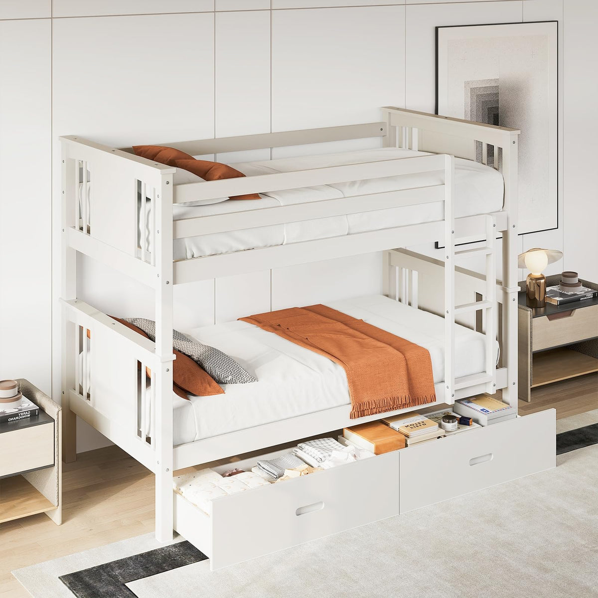 Solid Wood Twin-Over-Twin Bunk Bed with 2 Storage Drawers U13472
