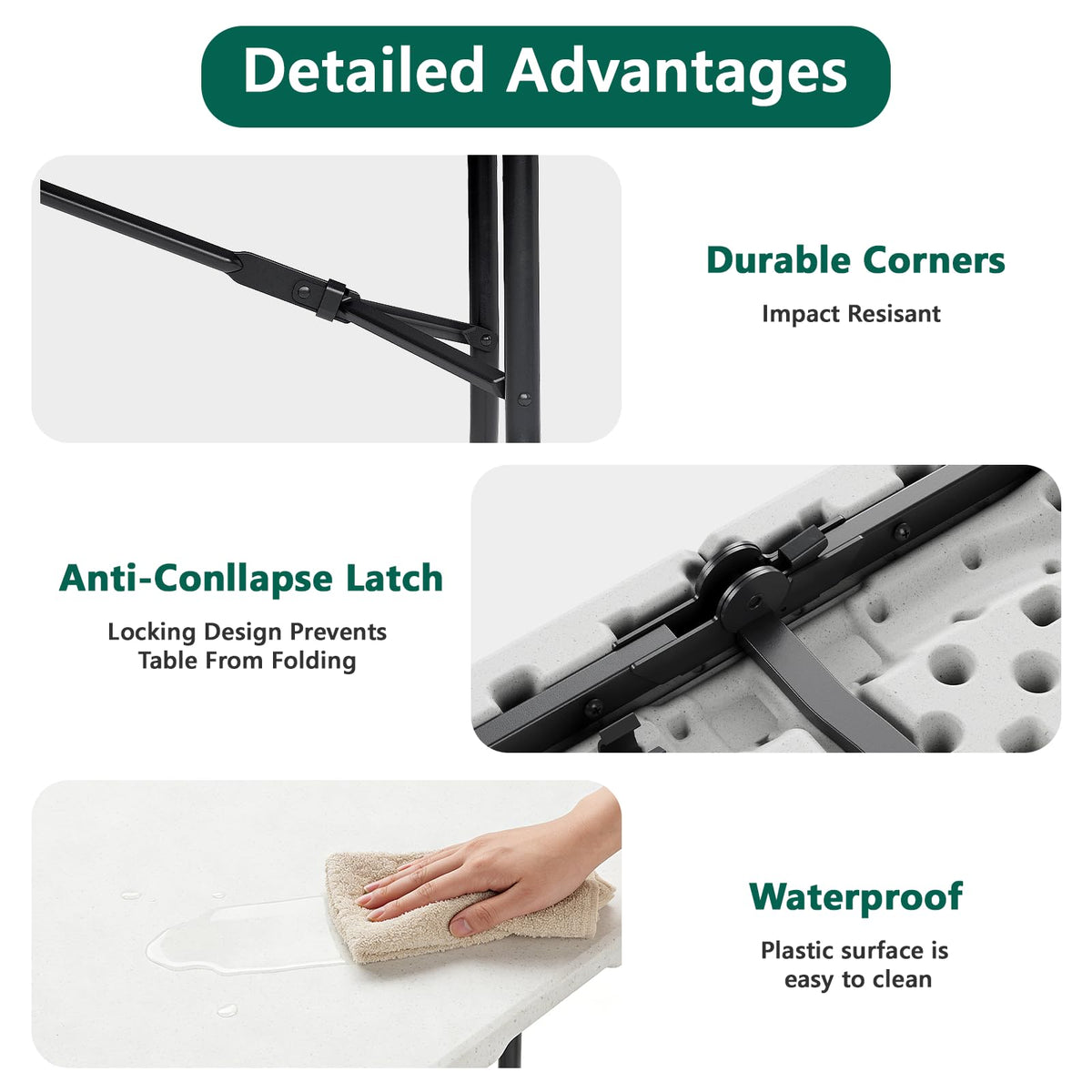 6FT Folding Table, Heavy Duty Plastic Utility Table with Handle, White, 2 Pack H78448