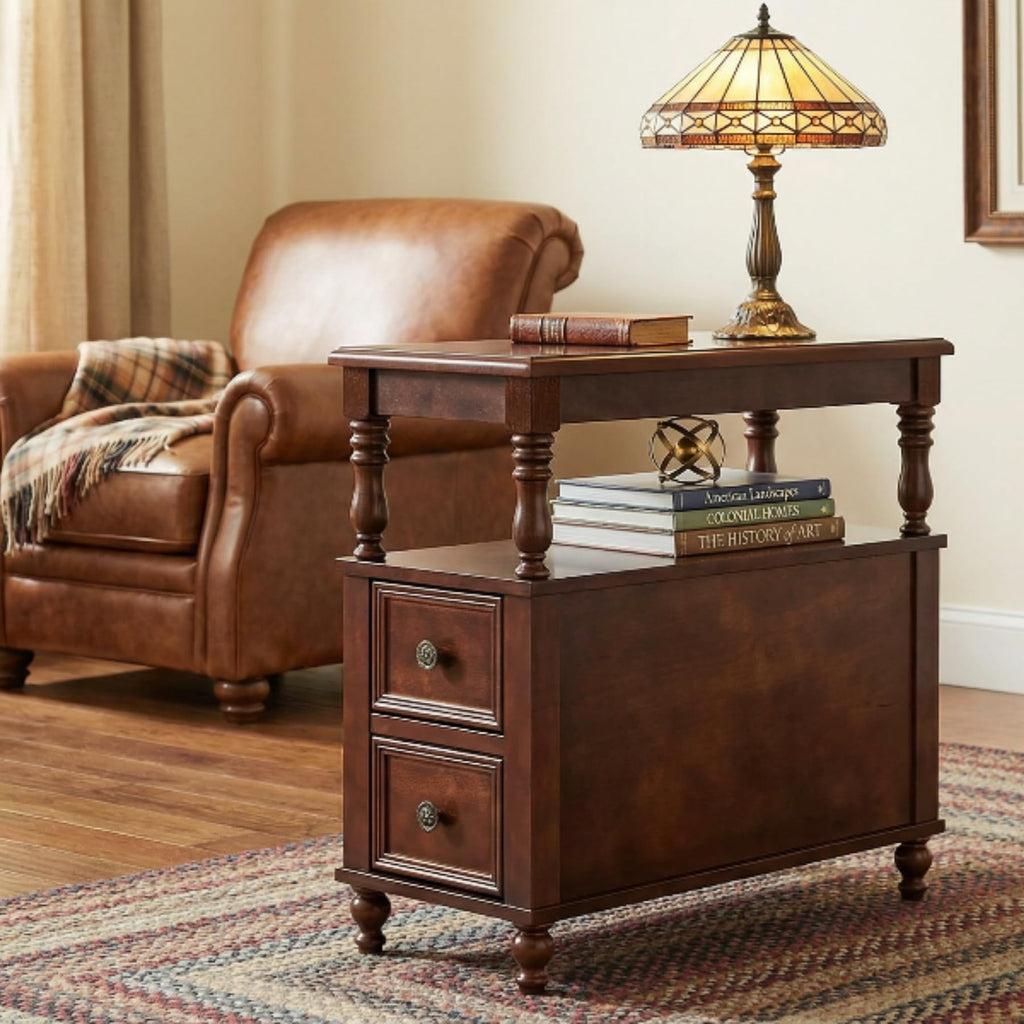 Cherry Finish Wood End Table with 2 Drawers E1144